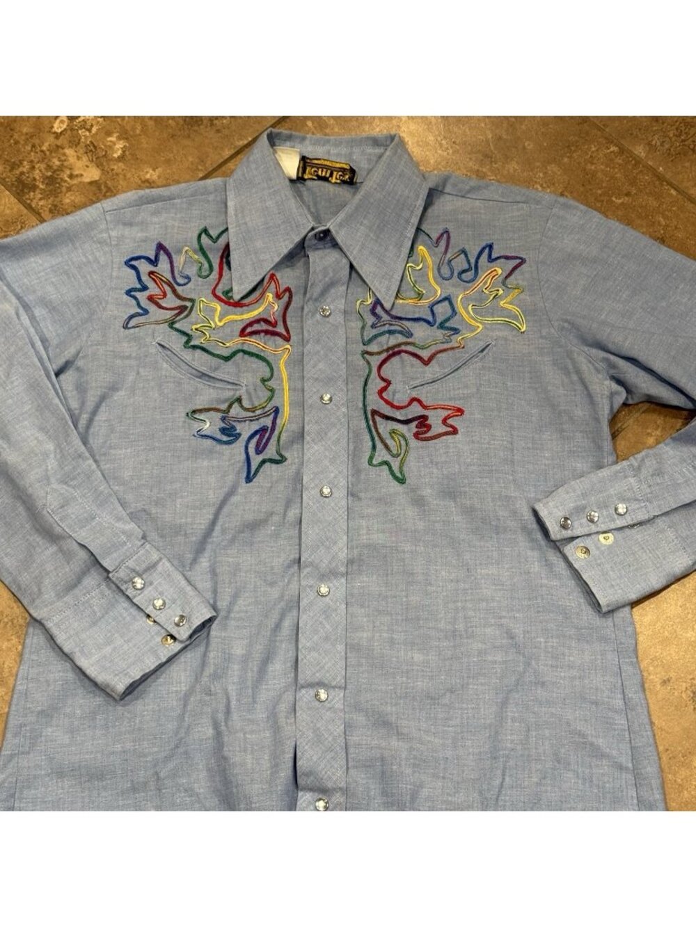 Vintage Tem Tex Snap Western Shirt Mens Small 15 1/2 33 Cowboy USA Embroidered